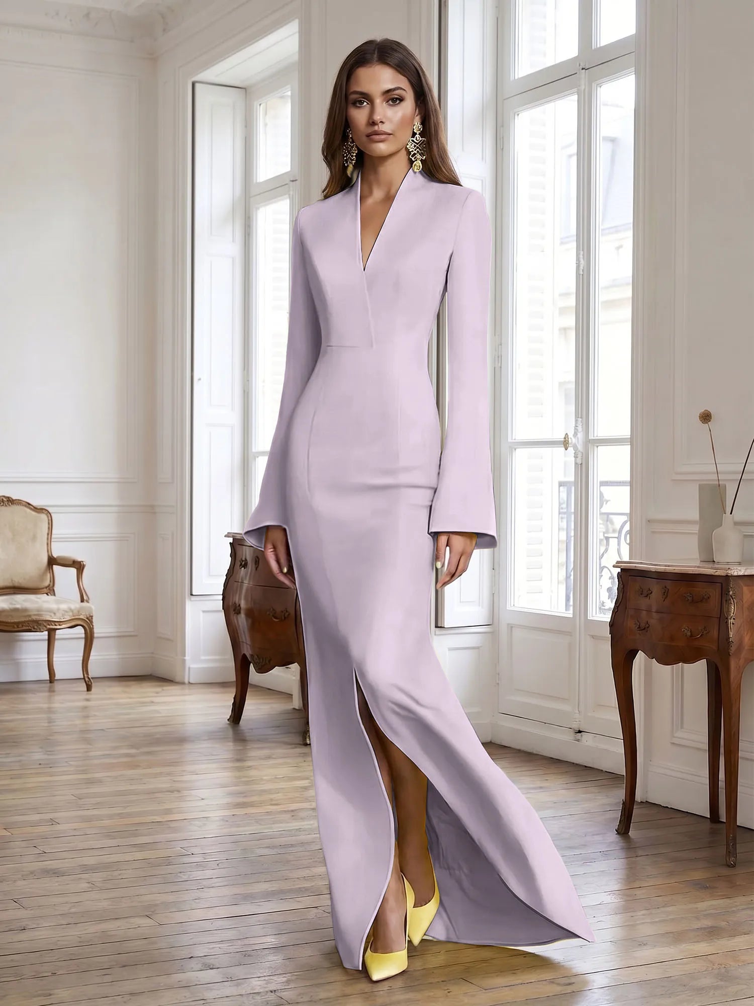 Yellow Long Bell Sleeve Mermaid Evening Gown with Asymmetric V-Neck Formal Dresses
