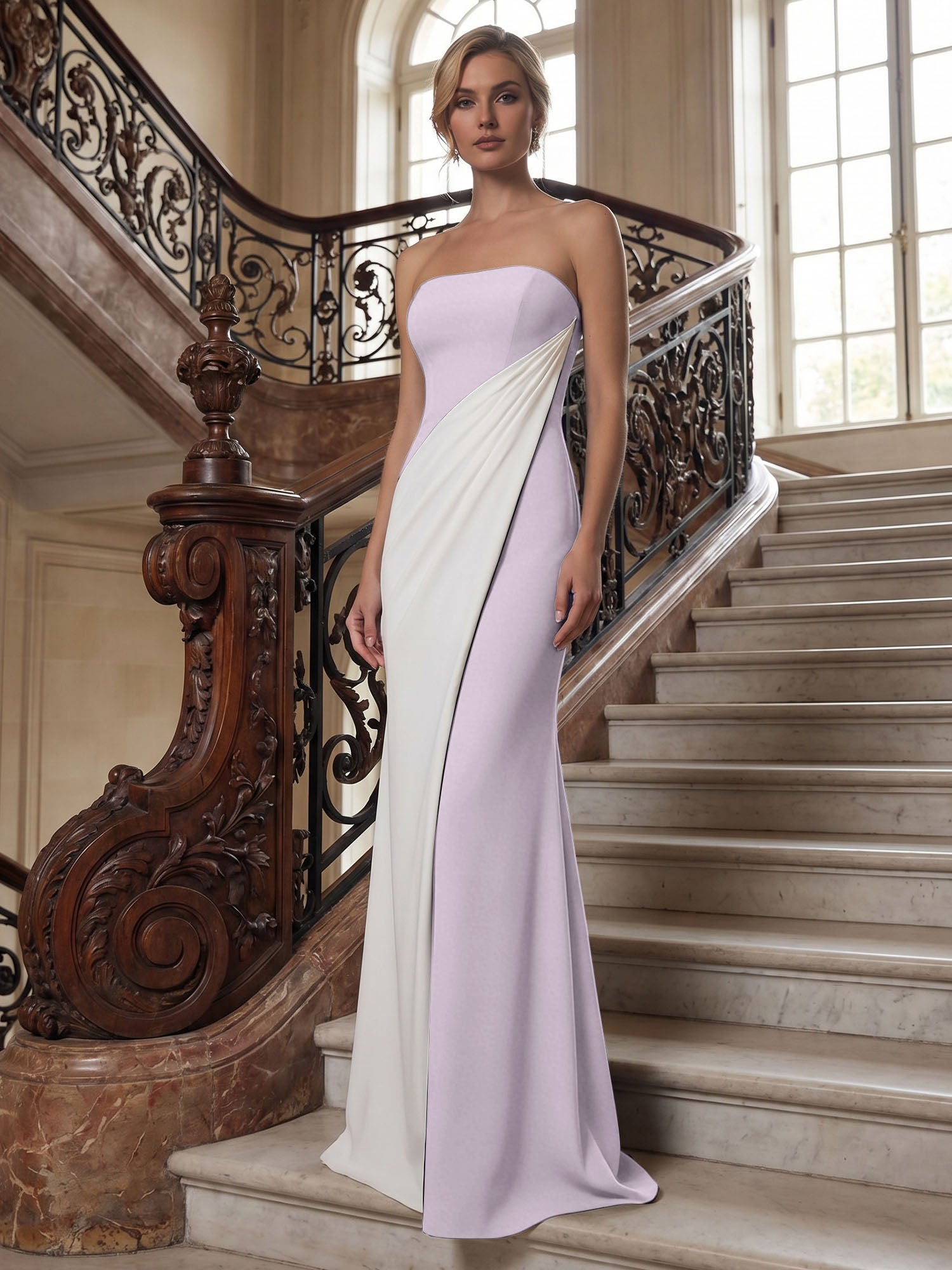 Black White Sheath Strapless Elegant Maxi Formal Dress