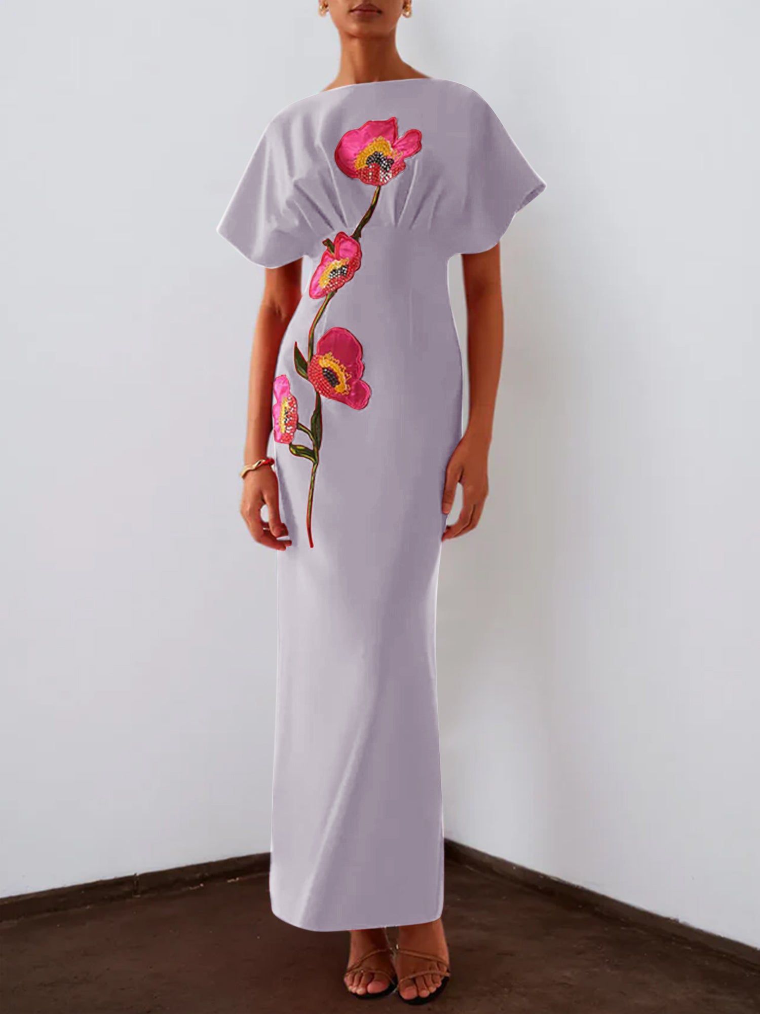 Red 3D Floral Appliqué Boat Neck Short Sleeve Backless Sheath Maxi Dress