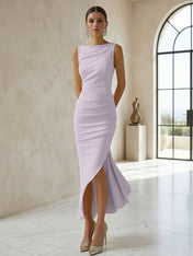 Elegant Formal Evening Gown Butter Yellow Ruched Asymmetrical Midi Dress