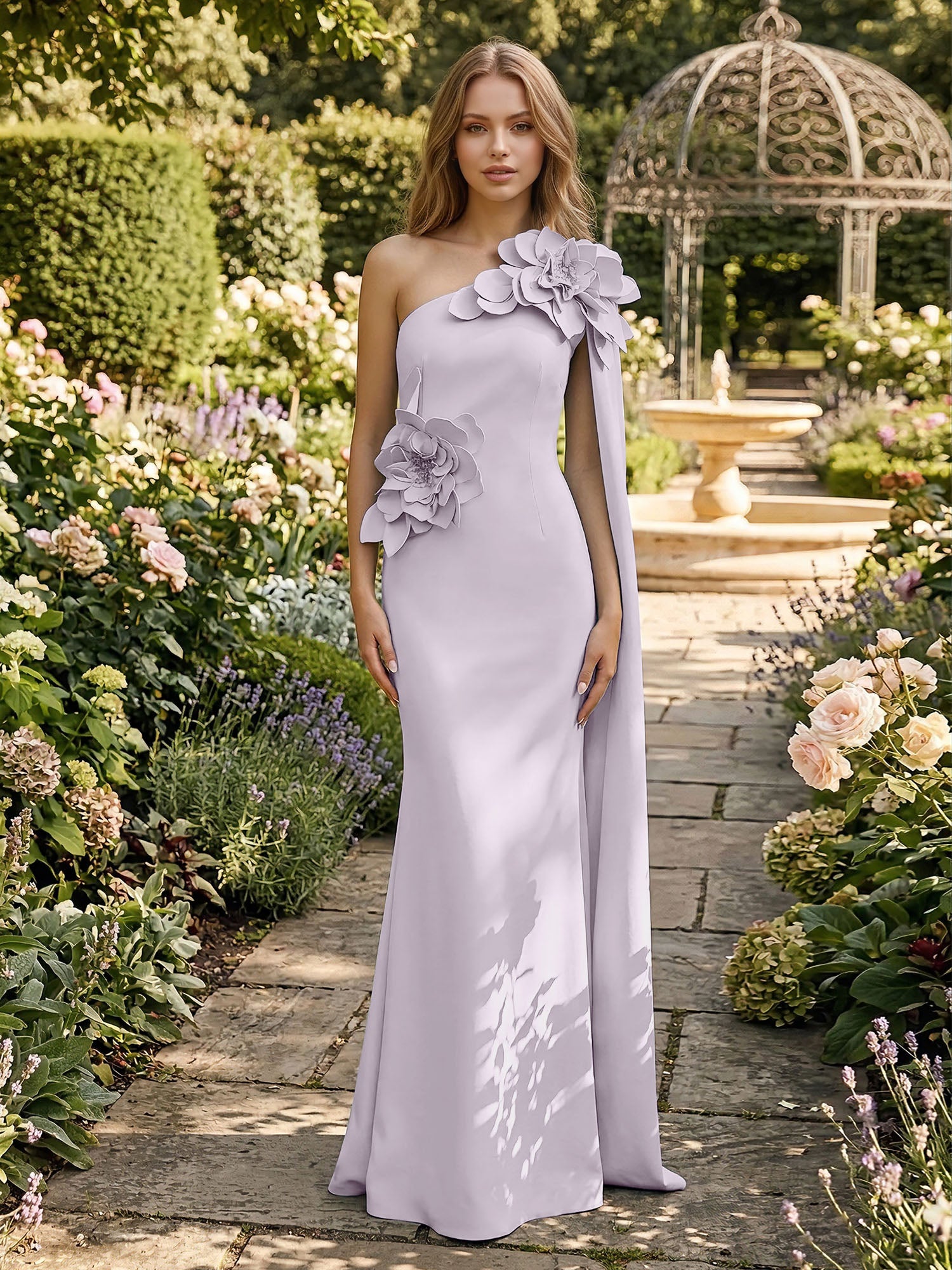 Formal Evening Dress Powder Blue One-Shoulder 3D Floral Cape Gown