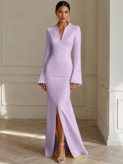 Formal Yellow V Neck Long Sleeves Floor Length Dress With Slit