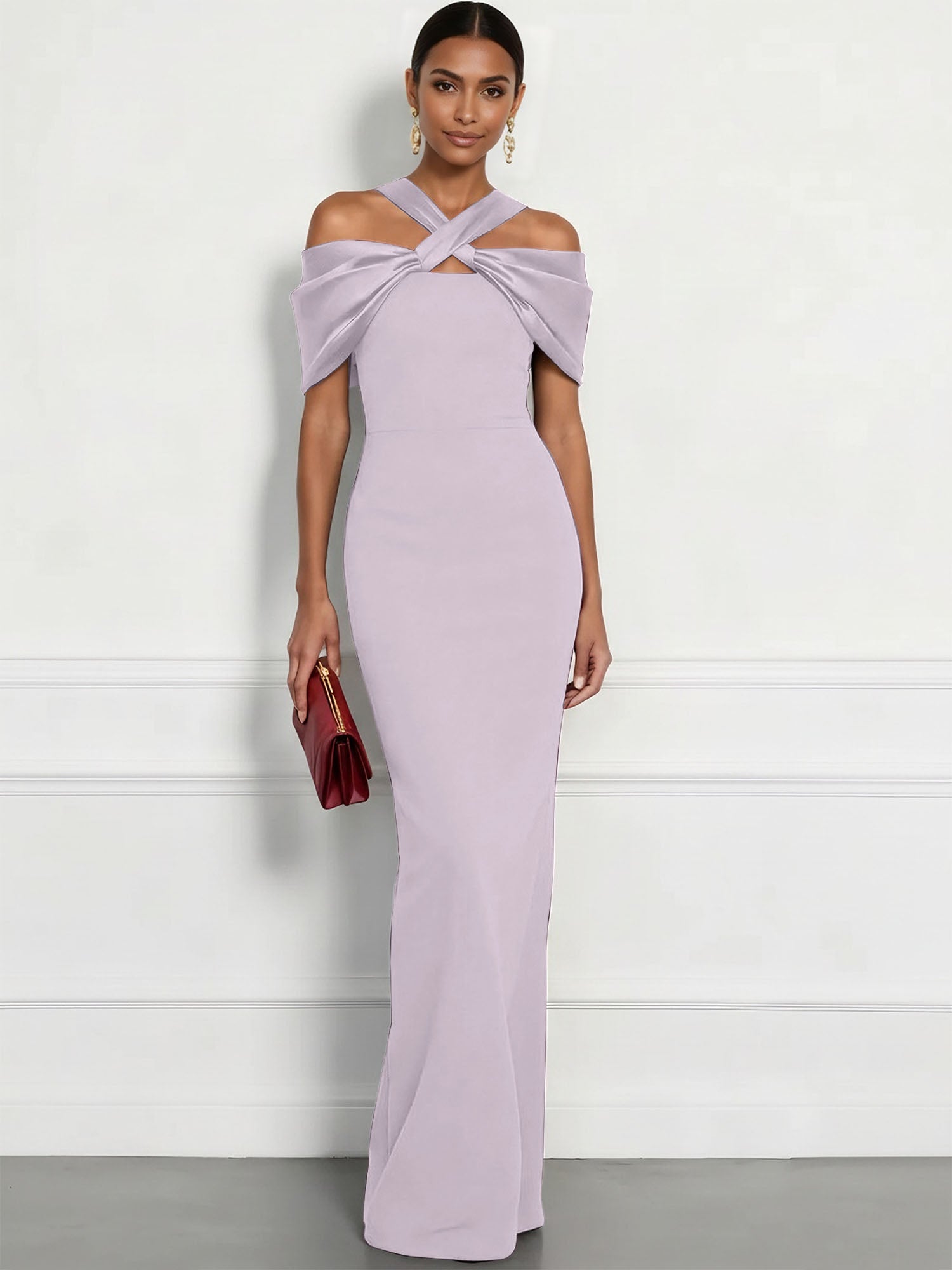 Regal Plum Crepe Column Gown with Satin Criss-Cross Halter Maxi Dress