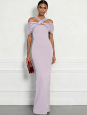 Regal Plum Crepe Column Gown with Satin Criss-Cross Halter Maxi Dress