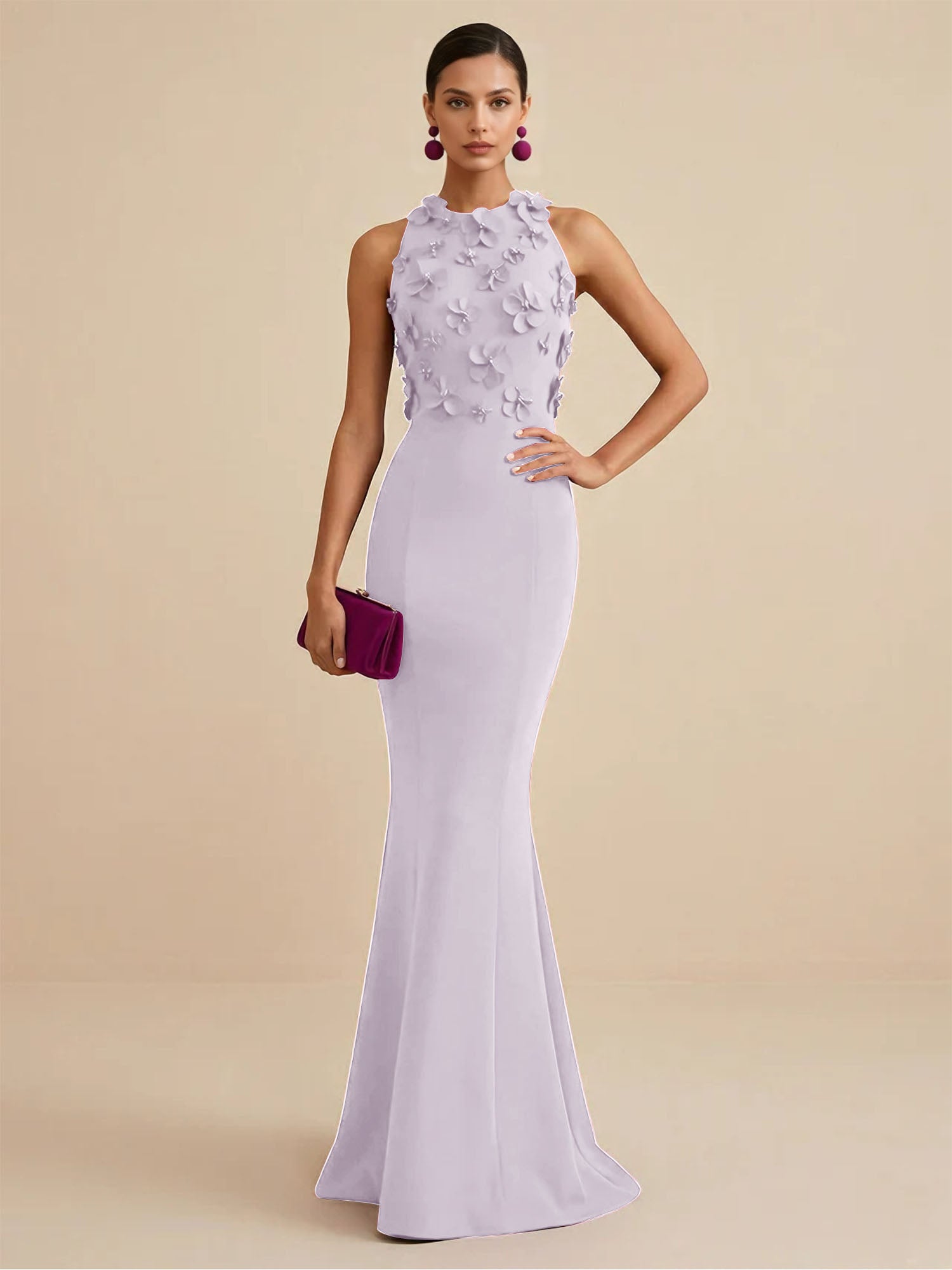 Deep Fuchsia Sleeveless High Neck 3D Floral Mermaid Formal Gown Evening Dress
