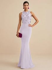 Deep Fuchsia Sleeveless High Neck 3D Floral Mermaid Formal Gown Evening Dress