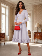 Formal Evening Gown Crimson 3D Rose Hem A-Line Midi Dress
