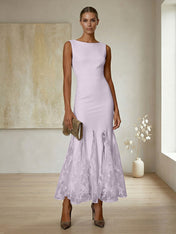 Elegant Formal Evening Gown Lilac Sleeveless Midi Dress with Embroidered Lace Godets
