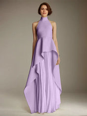 White Sleeveless High Neck Chiffon Long Formal Dress With Ruffles