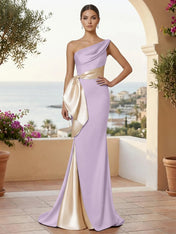 One Shoulder Mermaid Satin Pleat Evening Dresses with Bow