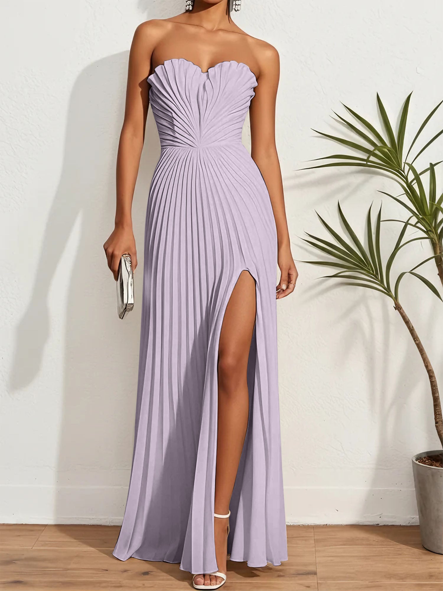 Pleated Classic Strapless Sleeveless A-Line Maxi Dress