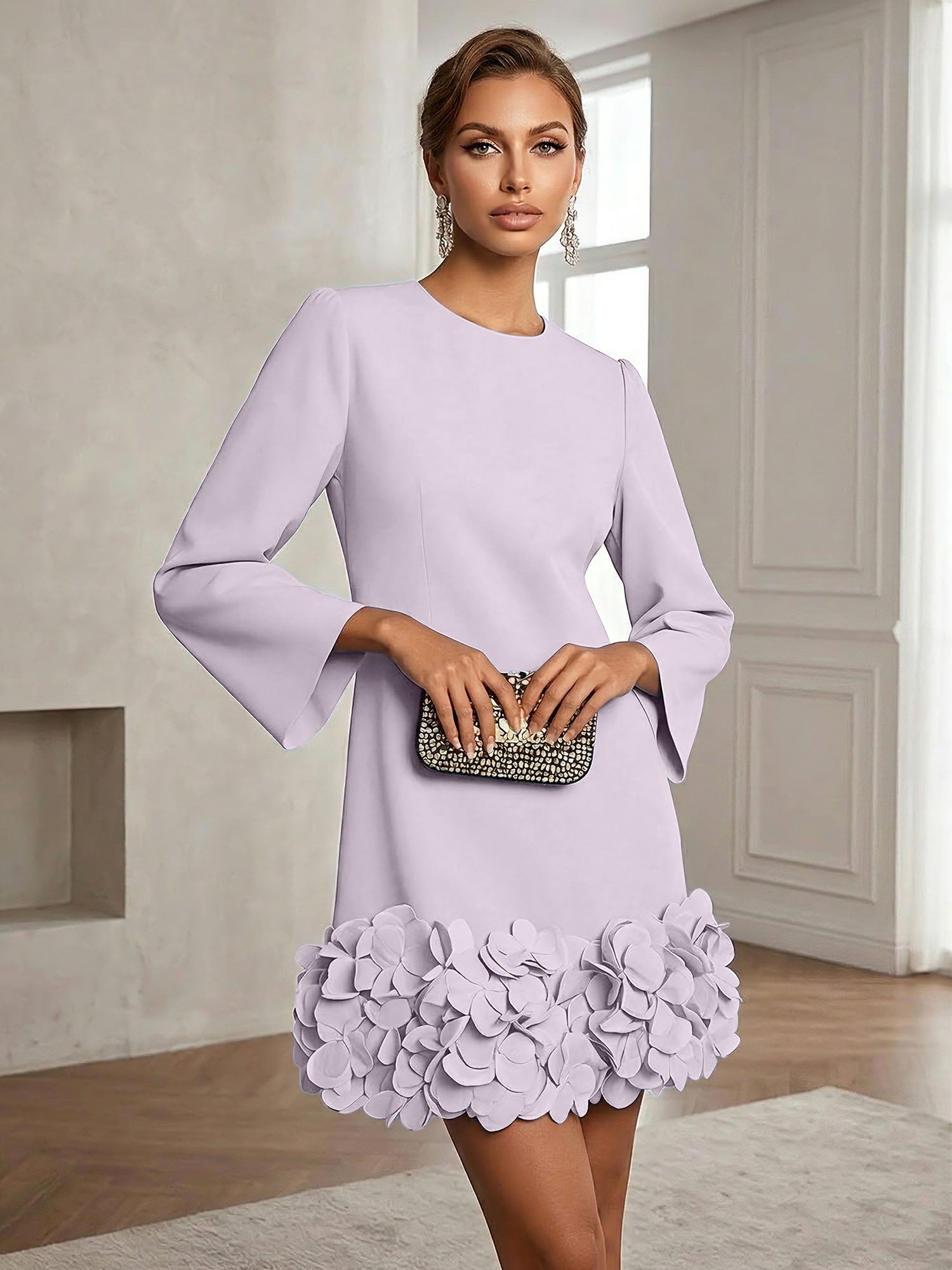 Powder Blue 3D Floral Classic Crew Neck Bell Long Sleeve Shift Mini Dress