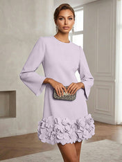 Powder Blue 3D Floral Classic Crew Neck Bell Long Sleeve Shift Mini Dress