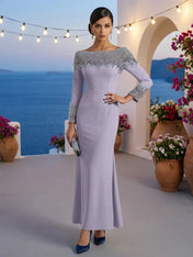 Formal Evening Dress Blue Velvet Long Sleeves Maxi Dress with Crystal