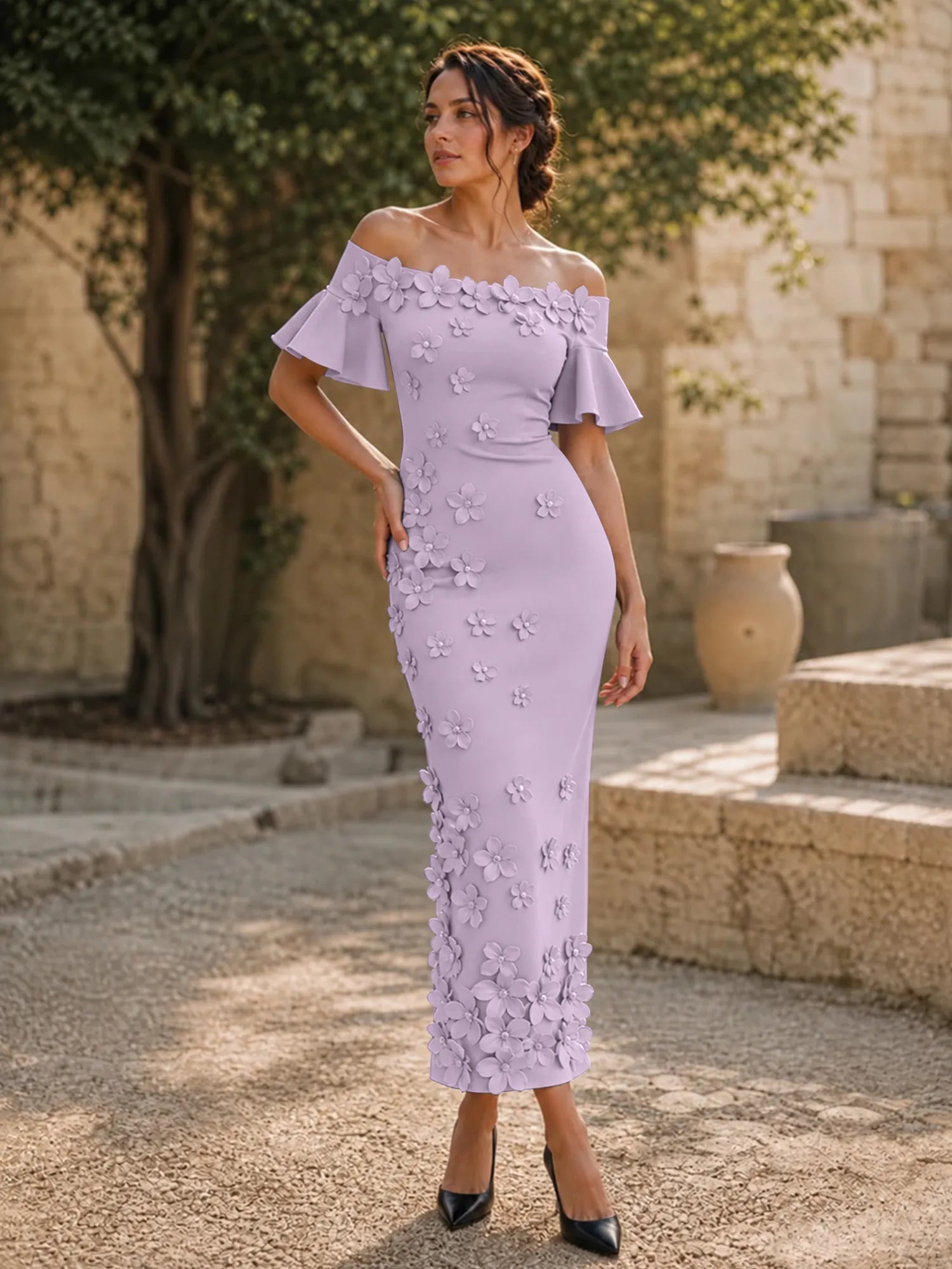 Black 3D Floral Off-The-Shoulder Ankle-Length Gown Dress