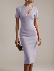 Red Sheath/Column Stretch Crepe Scoop Neck Short Sleeves Tea Length Dresses