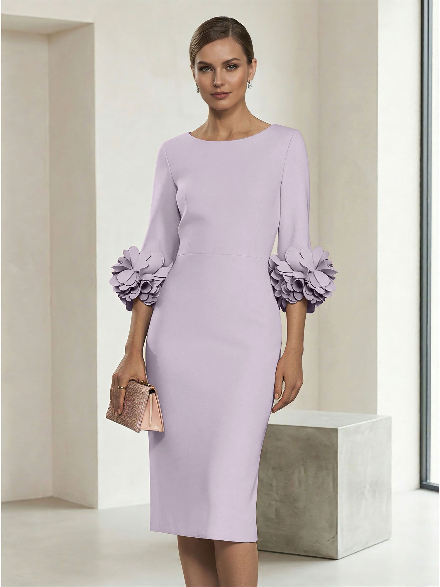 4 Sleeve Boat Neck Sheath Midi Dress with 3D Floral Cuffs