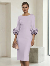 3/4 Sleeve Boat Neck Sheath Midi Dress with 3D Floral Cuffs