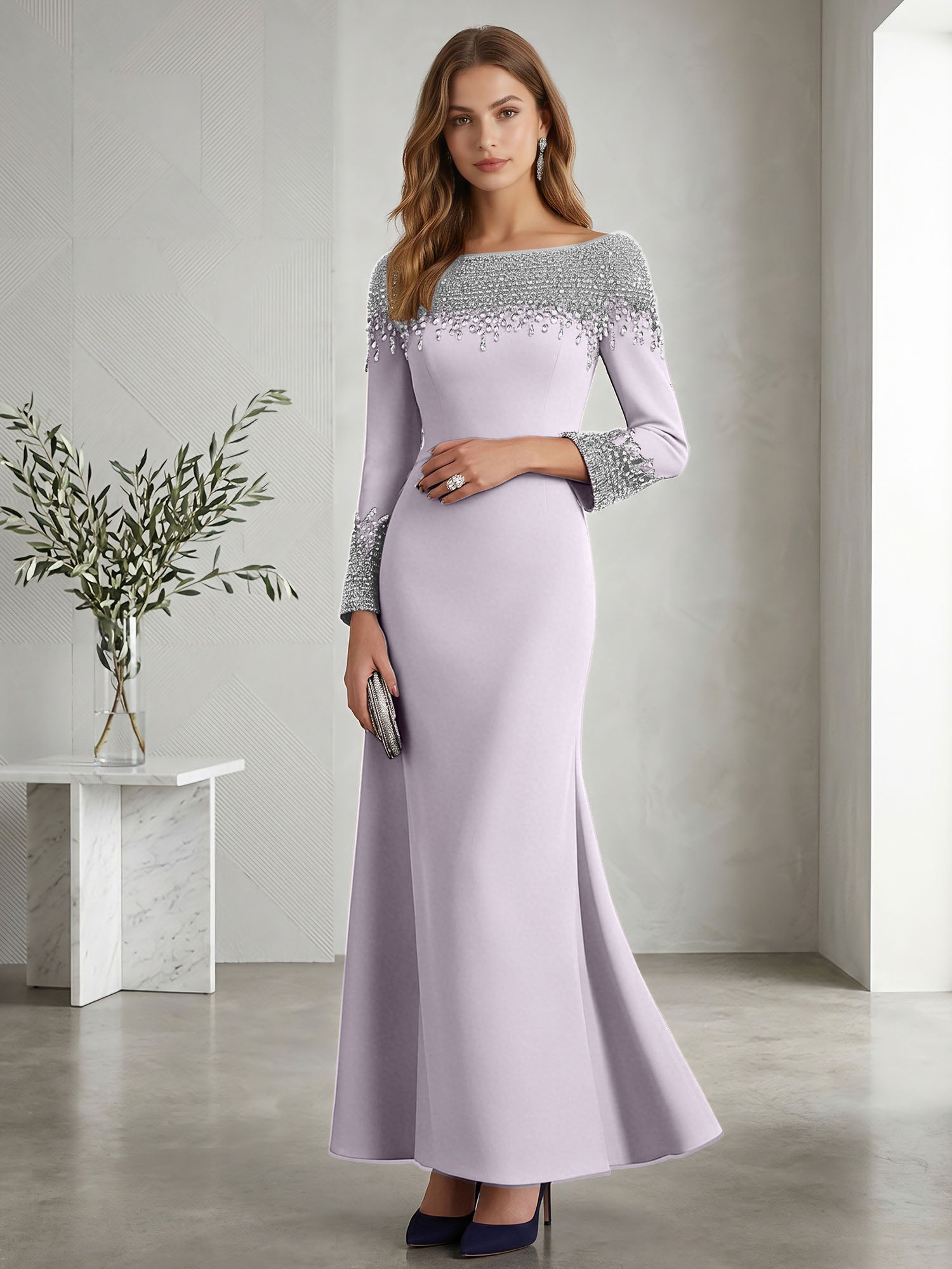 Formal Evening Dress Midnight Navy Velvet Long Sleeves Maxi Dress with Crystal