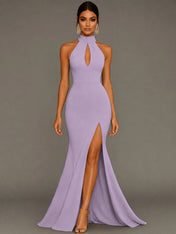 Mermaid Halter Neck Satin Formal Dress with Slit