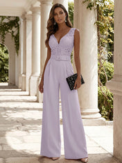 Women Pink Lace Deep V Neck Sleeveless Dressy Jumpsuit