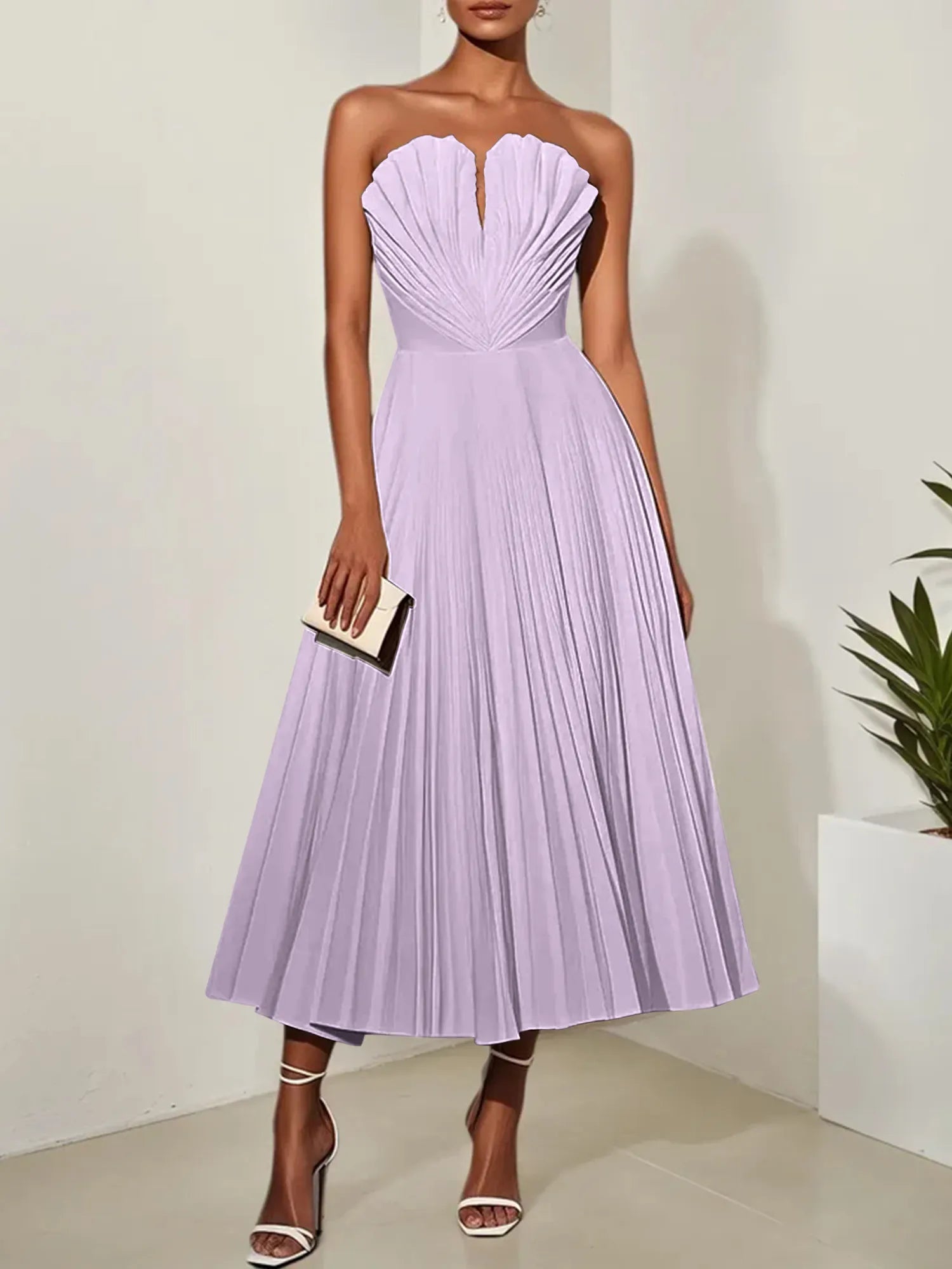 White Pleated Classic Strapless Sleeveless A-Line Midi Dress