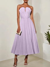 White Pleated Classic Strapless Sleeveless A-Line Midi Dress