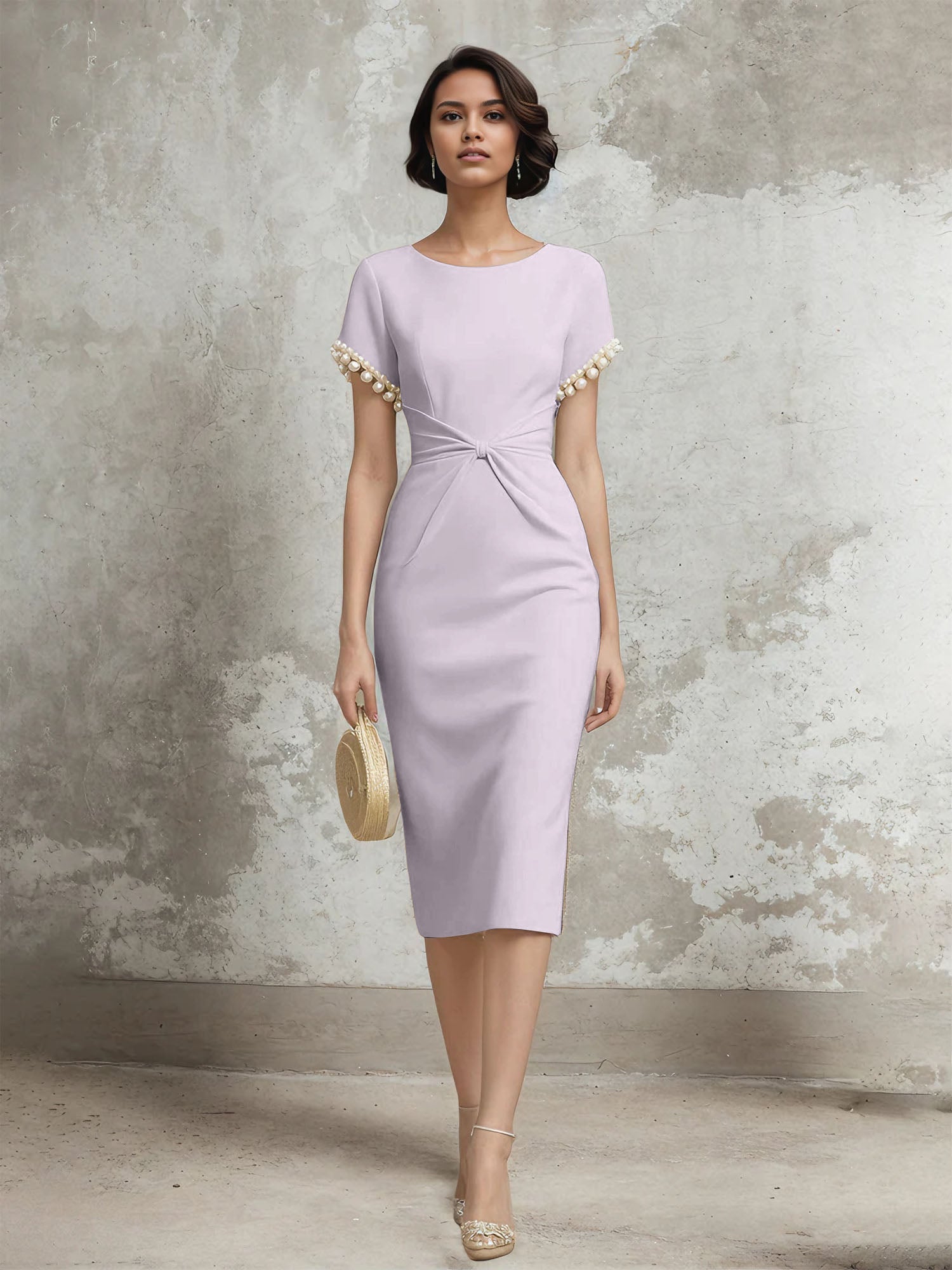 Column Short Sleeve Tea Length Dress With Pearls