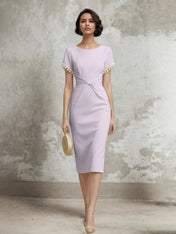 White Stretch Crepe Sheath/Column Short Sleeve Tea Length Dress With Pearls