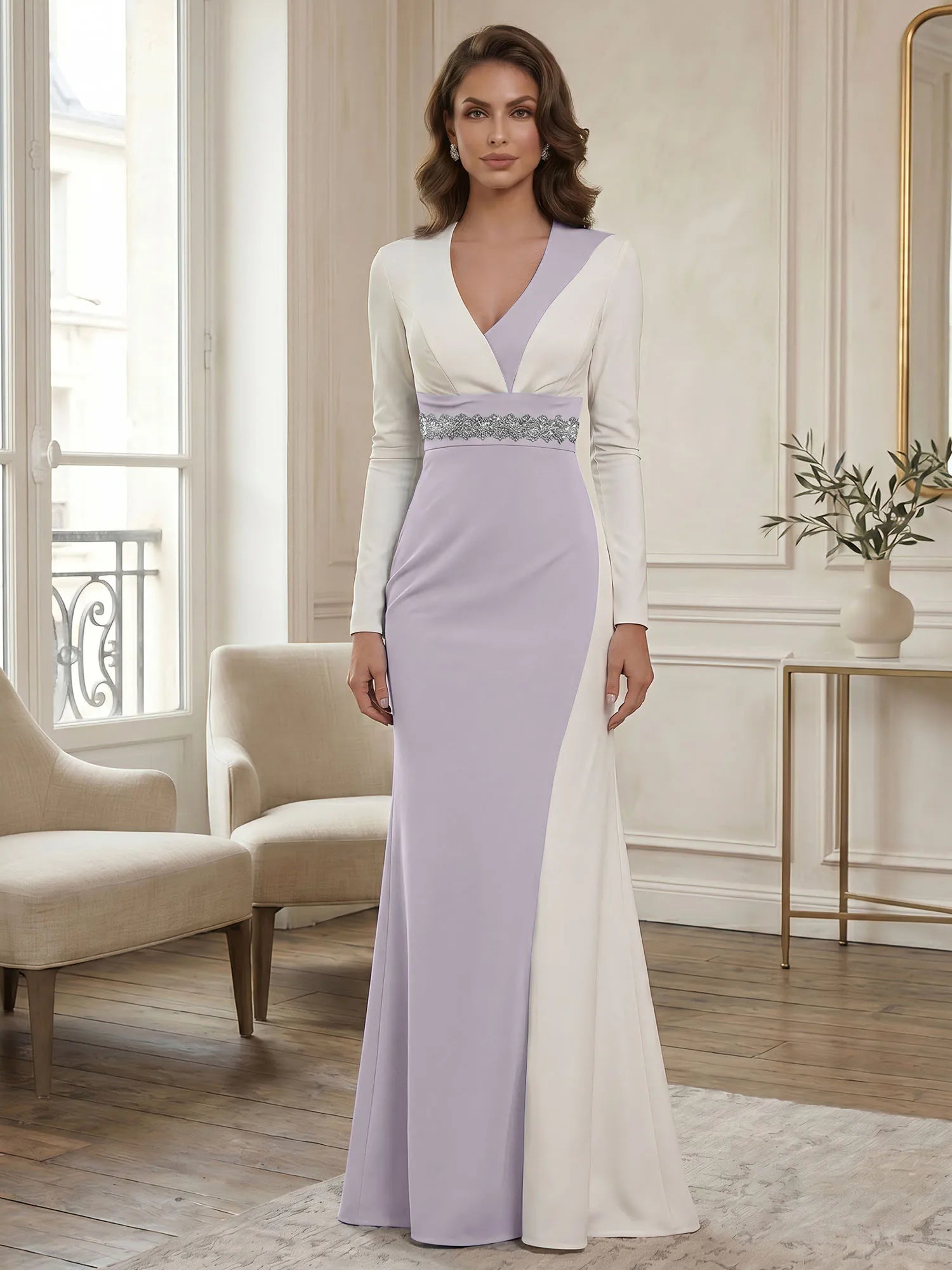 Elegant Navy & White Color-Block Long Sleeve Floor-Length Evening Gown Formal Dresses