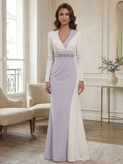 Elegant Navy & White Color-Block Long Sleeve Floor-Length Evening Gown Formal Dresses