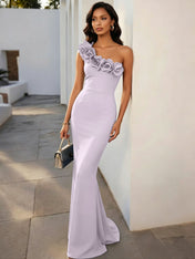 Navy Blue 3D Floral Classic One Shoulder Sleeveless Mermaid Gown Dress