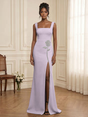 Formal Evening Dress Glamorous Black Square-Neck Crystal Rose Slit Gown