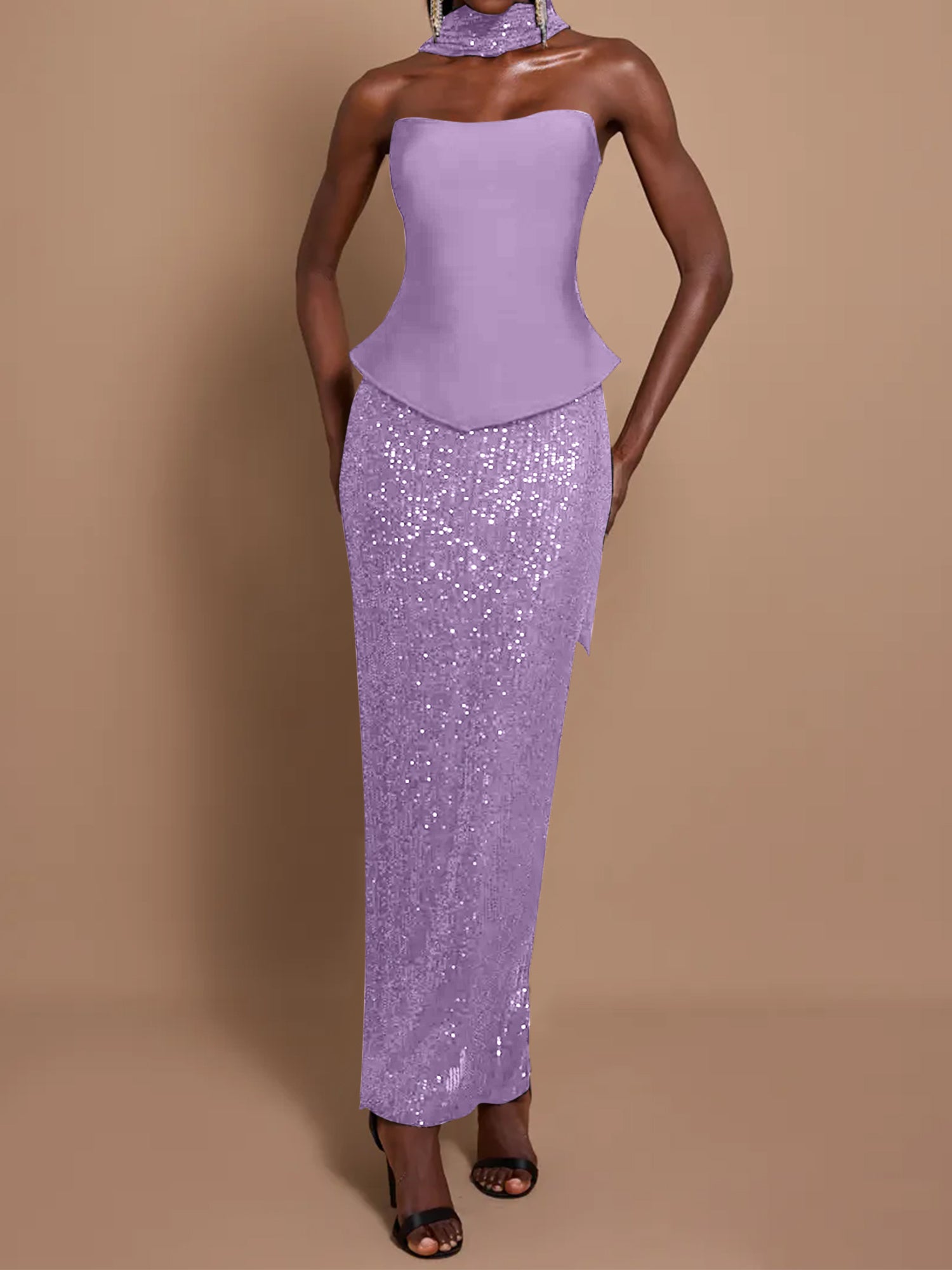 Off-Shoulder Bandage Top & Sequin Midi Skirt Set