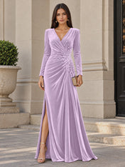 V-Neck Pearl Ruched Burgundy Velvet Floor-Length Evening Dresses with Long Sleeves