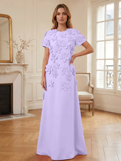 Short Sleeve Crew Neck A-Line Gown with 3D Floral Appliques Evening Dresses