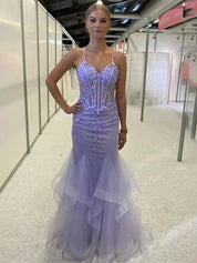 Lilac Mermaid Spaghetti Straps Ruffles Long Prom Dress with Appliques