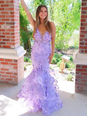 Purple Mermaid Spaghetti Straps Long Prom Dress with Appliques