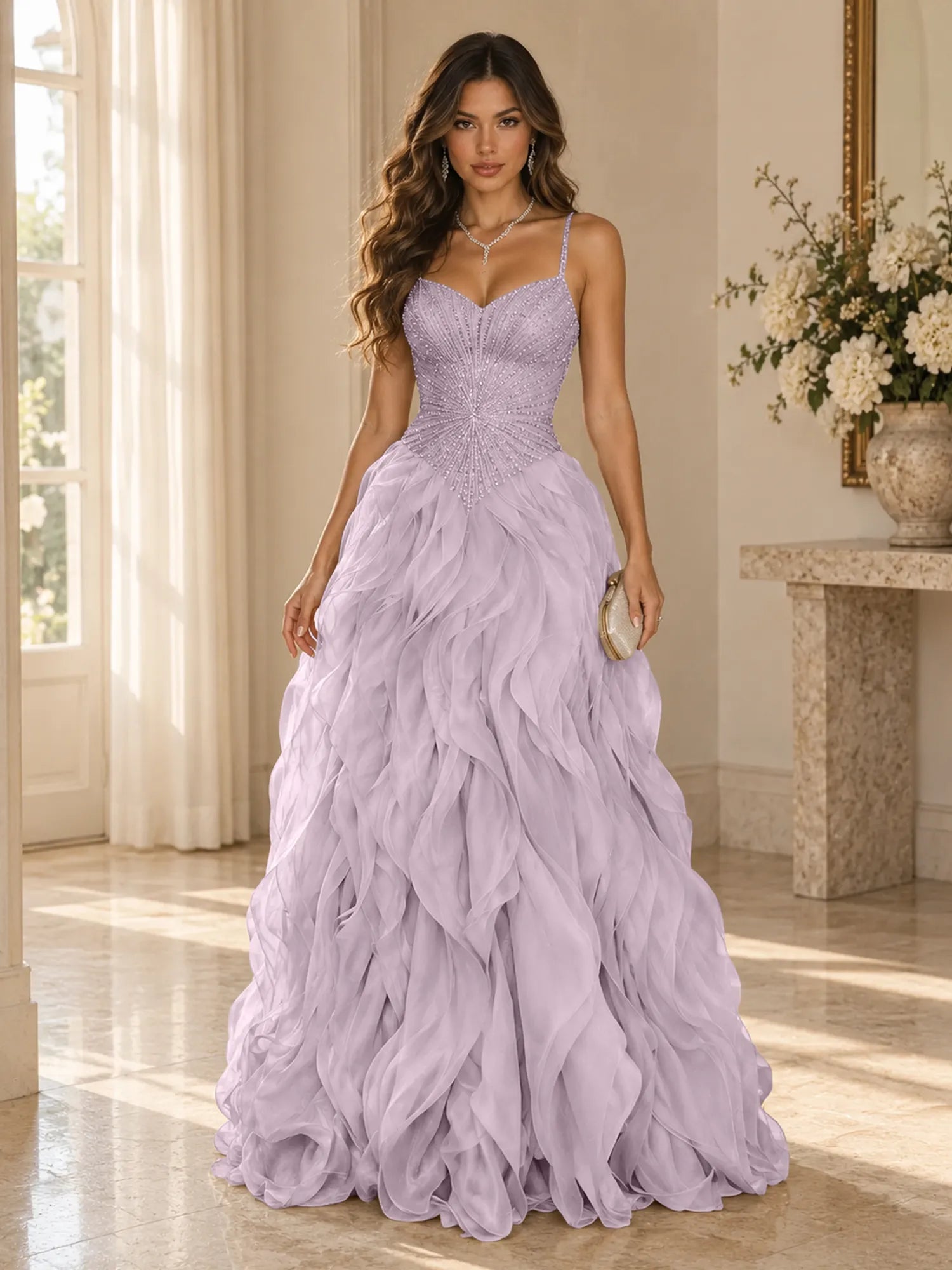Elegant Beaded Spaghetti Strap Tiered Ruffle Ball Gown Evening Dress