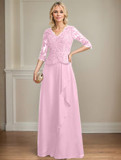 A-line V-Neck Floor-Length Lace Chiffon Mother of the Bride Dress With Cascading Ruffles Sequins
