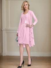 Sheath/Column Sweetheart Knee-Length Chiffon Mother of the Bride Dress With Beading Appliques Lace Sequins Pleated