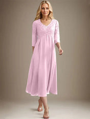 A-line V-Neck Tea-Length Chiffon Lace Mother of the Bride Dress With Beading