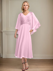 A-line V-Neck Tea-Length Chiffon Lace Mother of the Bride Dress With Beading Sequins