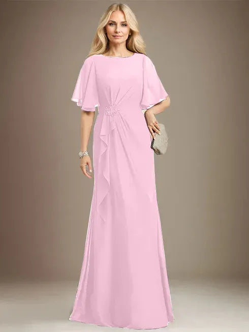 A-line Scoop Floor-Length Chiffon Mother of the Bride Dress With Cascading Ruffles Beading Sequins