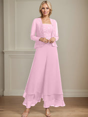 Separates Jumpsuit/Pantsuit Square Ankle-Length Lace Chiffon Mother of the Bride Dress With Sequins