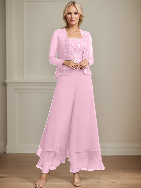 Robe de mère de la mariée en mousseline de soie, longueur cheville, avec sequins, combinaison/tailleur carré 