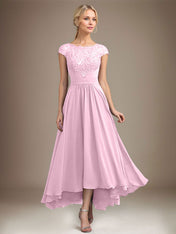 A-line Scoop Illusion Asymmetrical Lace Chiffon Mother of the Bride Dress With Pleated