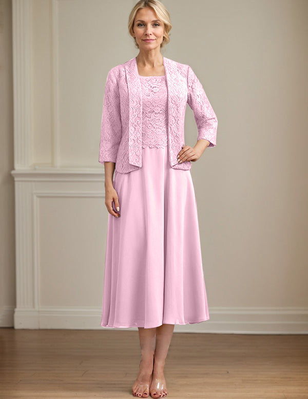 A-line Scoop Tea-Length Lace Chiffon Mother of the Bride Dress
