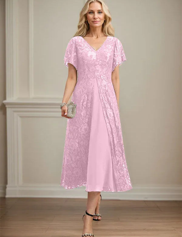A-line V-Neck Tea-Length Lace Chiffon Mother of the Bride Dress