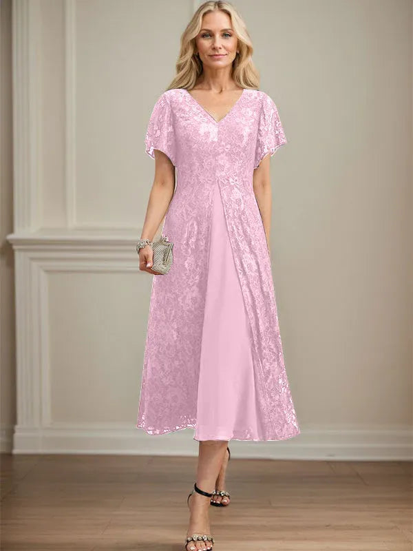 A-line V-Neck Tea-Length Lace Chiffon Mother of the Bride Dress